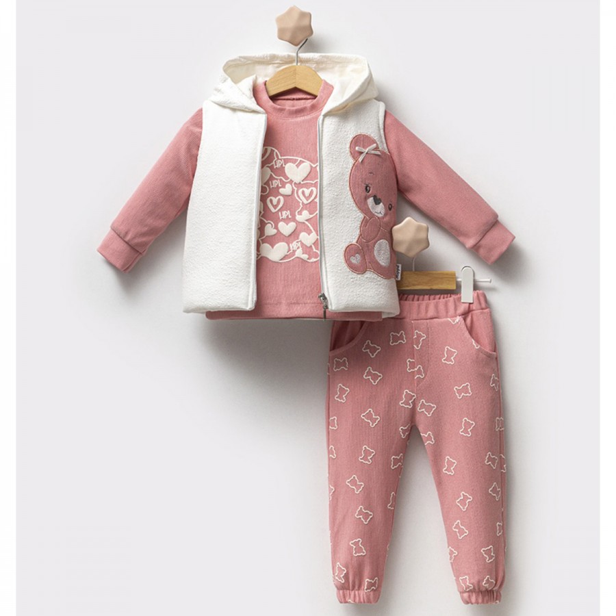 HİPPIL KIZ AYICIKLI KALP 3LÜ YELEK TAKIM 2/4Y